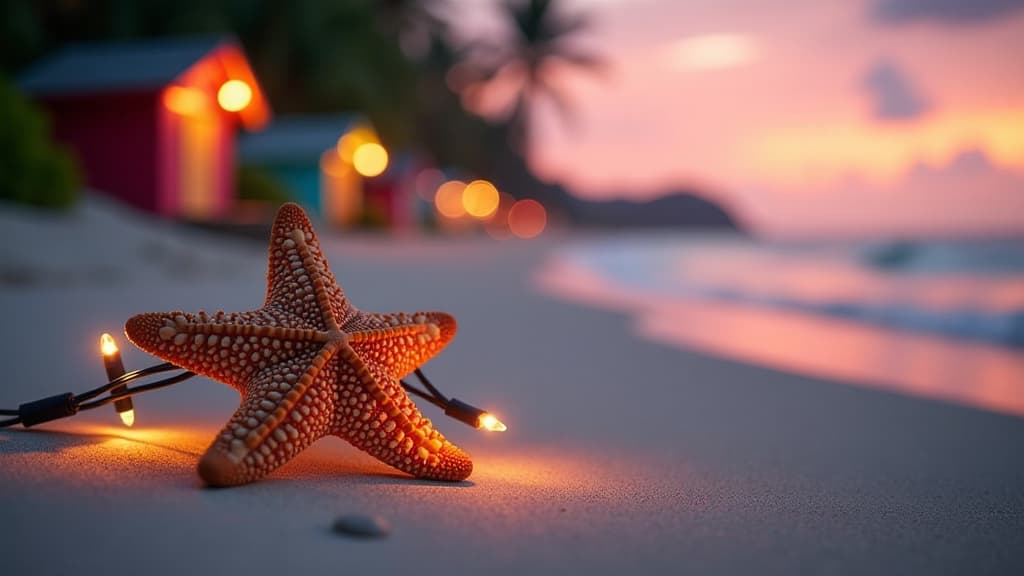  professional detailed photography, a close up of a starfish resting on the sandy beach, with a string of christmas lights wrapped around it. in the background, blurred tropical plants and colorful beach huts can be seen, with the soft pink and orange glow of the setting sun creating a festive and tropical vibe ar 16:9, (muted colors, dim colors, soothing tones), (vsco:0.3)