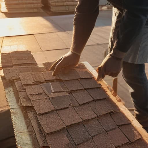 A photo of a construction worker holding a bundle of shingles in a bustling rooftop supply yard during the late afternoon with warm, golden hour sunlight casting shadows and highlighting the texture of the materials and tools around.