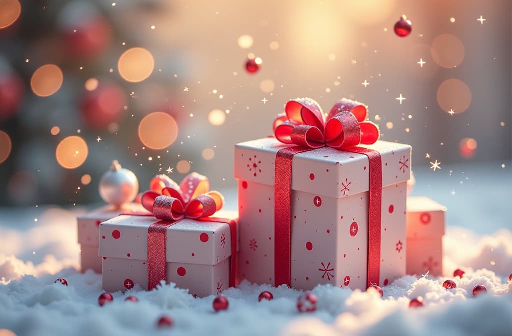  falling christmas gift colorful boxes with bow on sparkling bokeh background, soft pastel tones ar 3:2 {prompt}, maximum details