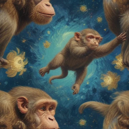 Monkeys flying in space in the Van Gogh style