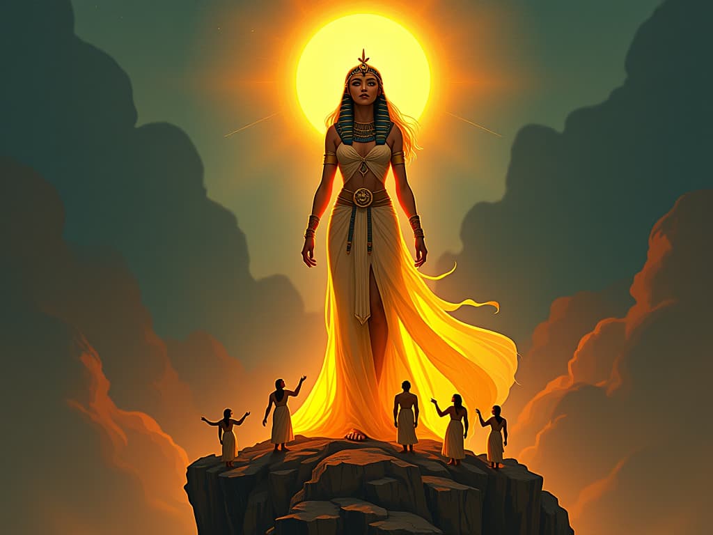  a large busted goddess in a luminous, golden dress, standing atop a cliff with a radiant light shining from her, people below looking up towards her, symbolizing guidance. the style is digital art illustration / modern comic book / mysterious occult, symbolic, esoteric vibe,high detail on character design, incorporating ancient egyptian symbology and attire.