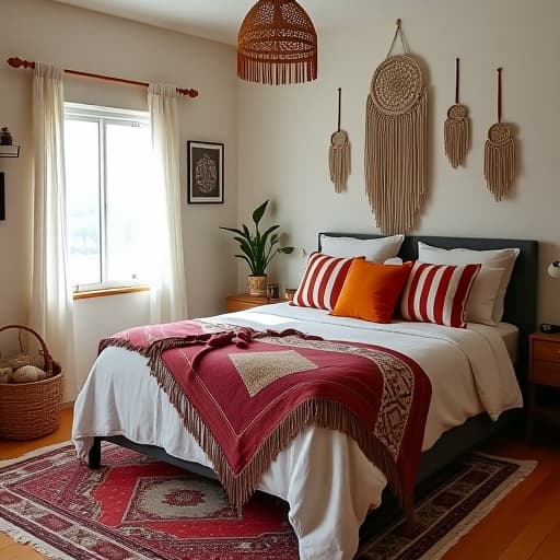  a cozy and eclectic boho bedroom with a mix of vibrant patterns, textures, and decor items such as macrame wall hangings, dreamcatchers, and layered rugs important guidelines!! 