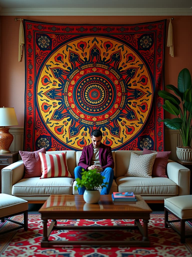  high quality portrait photo of an eclectic living room showcasing a vibrant, oversized tapestry with intricate patterns, surrounded by complementary decor, viewed from a corner angle hyperrealistic, full body, detailed clothing, highly detailed, cinematic lighting, stunningly beautiful, intricate, sharp focus, f/1. 8, 85mm, (centered image composition), (professionally color graded), ((bright soft diffused light)), volumetric fog, trending on instagram, trending on tumblr, HDR 4K, 8K