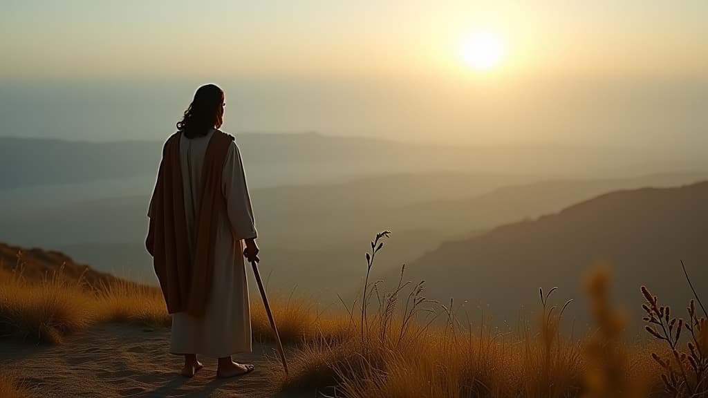  history of biblical times, the beautiful landscape of canaan in the distance, representing jacob's goal. hyperrealistic, full body, detailed clothing, highly detailed, cinematic lighting, stunningly beautiful, intricate, sharp focus, f/1. 8, 85mm, (centered image composition), (professionally color graded), ((bright soft diffused light)), volumetric fog, trending on instagram, trending on tumblr, HDR 4K, 8K