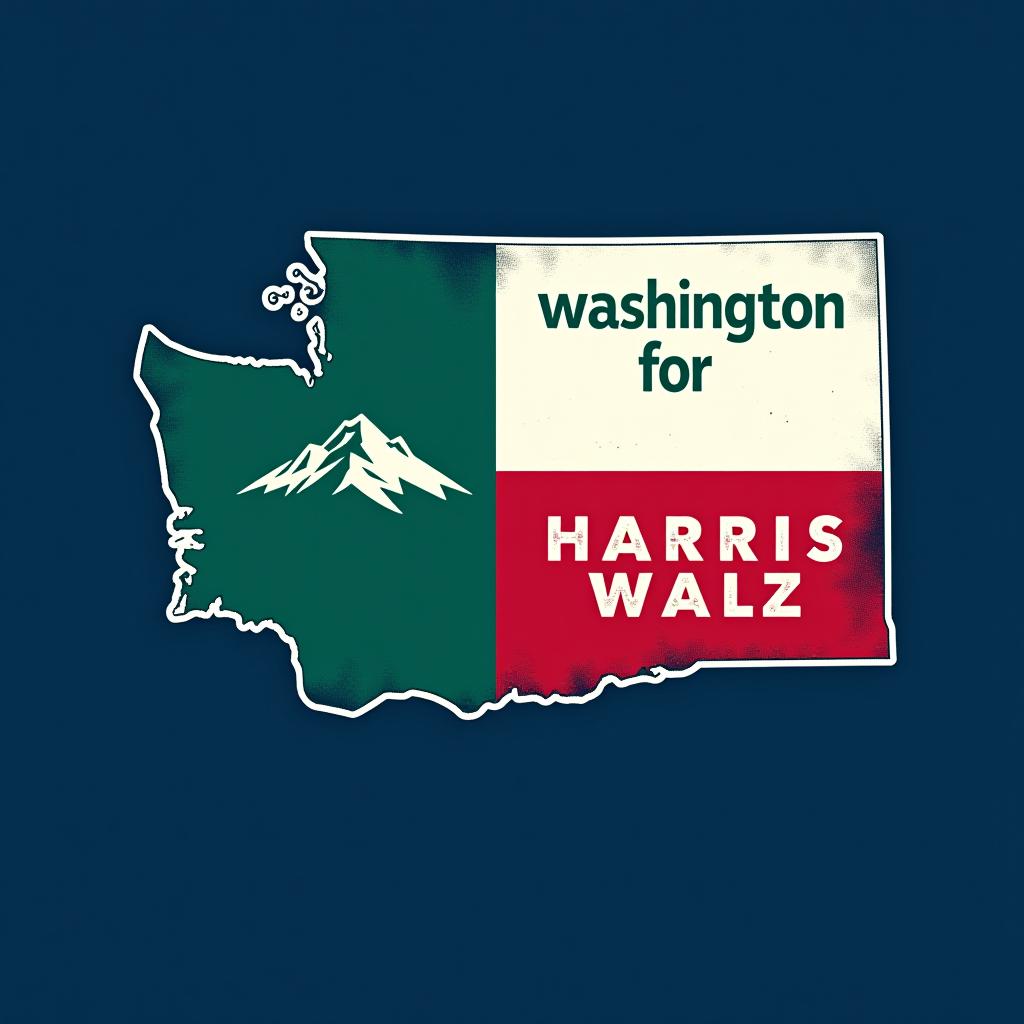  a tshirt design inspired by the washington state flag. the left side features a green vertical stripe with a large mountain in the center. the right side is divided into two horizontal sections: the top section is white with the text 'washington for' in bold, green, uppercase letters, and the bottom section is red with the text 'harris walz' in bold, white, uppercase letters. the overall layout is clean and straightforward, with a clear and patriotic color scheme of blue, white, and red.