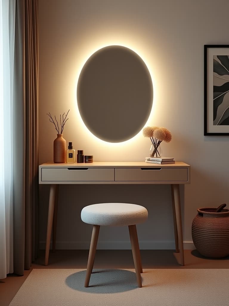  high quality portrait photo of a modern bedroom vanity area with a sleek mirror, minimalist stool, and clever organizational solutions hyperrealistic, full body, detailed clothing, highly detailed, cinematic lighting, stunningly beautiful, intricate, sharp focus, f/1. 8, 85mm, (centered image composition), (professionally color graded), ((bright soft diffused light)), volumetric fog, trending on instagram, trending on tumblr, HDR 4K, 8K