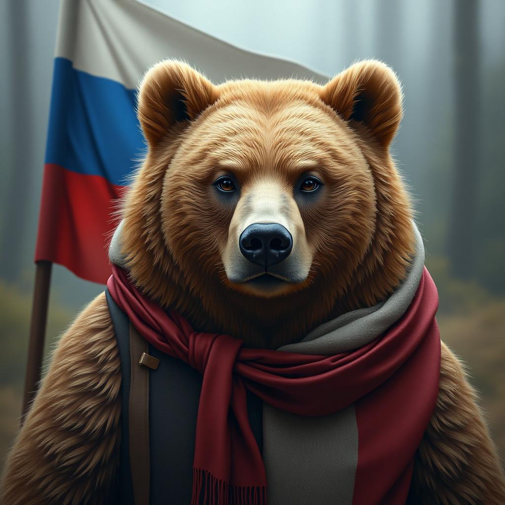  hyperrealistic art russian bear in ushanka with flag . extremely high resolution details, photographic, realism pushed to extreme, fine texture, incredibly lifelike