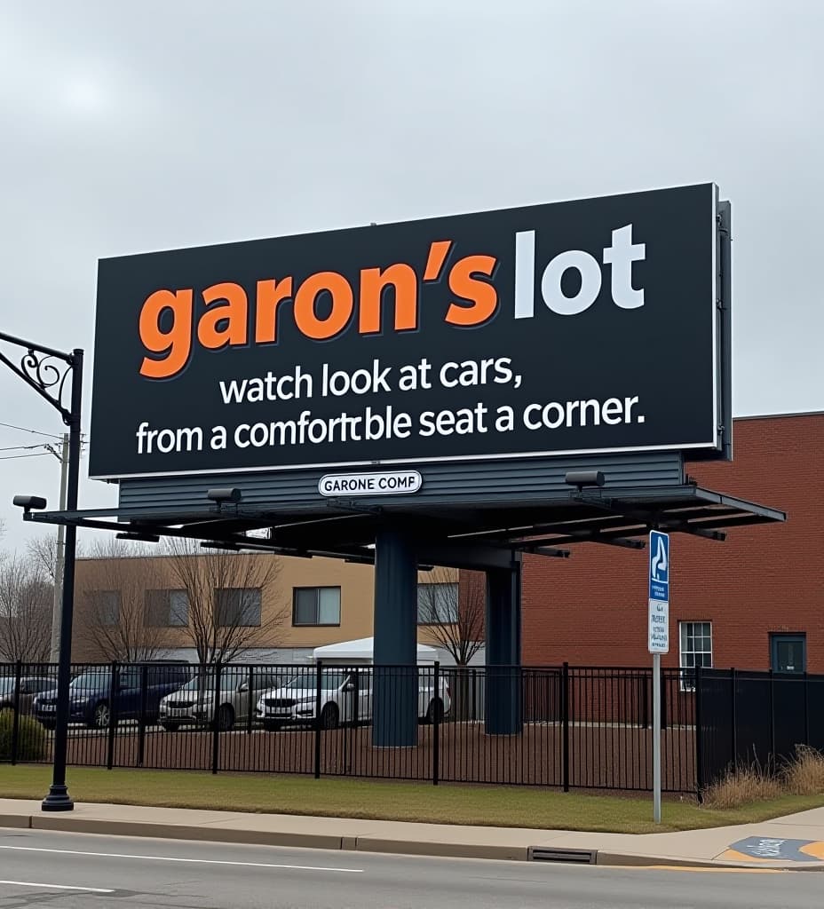  photo of a billboard in chicago, for a car dealer that says "garon's lot" in big letters, and "watch us look at cars, from a comfortable seat in the corner"