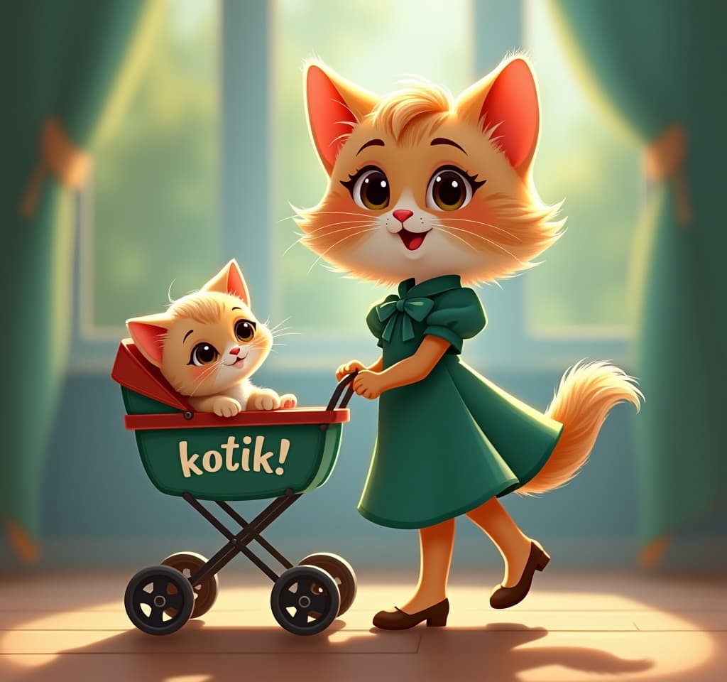  luxury product style a charming cartoon style ilration depicting a cute kitten, a with a lush hairstyle in a fashionable dress, pushing a stroller with a kitten, on the stroller the inscription "kotik!" written in bright colors, a happy and expression of the muzzle, from disney artist mary blair, ideal for ren's books or posters. . elegant, sophisticated, high end, luxurious, professional, highly detailed hyperrealistic, full body, detailed clothing, highly detailed, cinematic lighting, stunningly beautiful, intricate, sharp focus, f/1. 8, 85mm, (centered image composition), (professionally color graded), ((bright soft diffused light)), volumetric fog, trending on instagram, trending on tumblr, HDR 4K, 8K