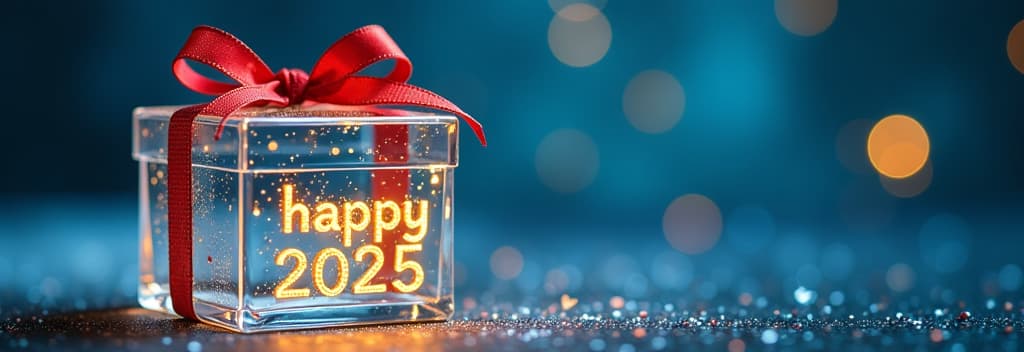  transparent glass christmas gift with glass bow, golden glowing text “happy 2025”, festive blue bokeh background ar 3:1 {prompt}, maximum details