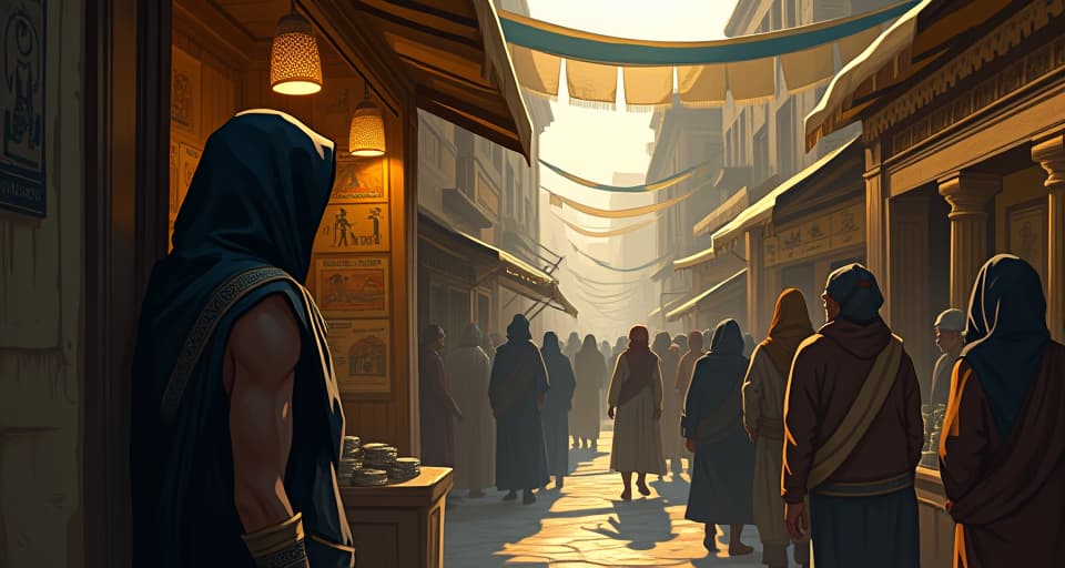  ancient market scene, crowded with traditional egyptian merchants, one figure hiding behind a stall, glancing around nervously. the style is digital art illustration / modern comic book / mysterious occult, symbolic, esoteric vibe,high detail on character design, incorporating ancient egyptian symbology and attire.