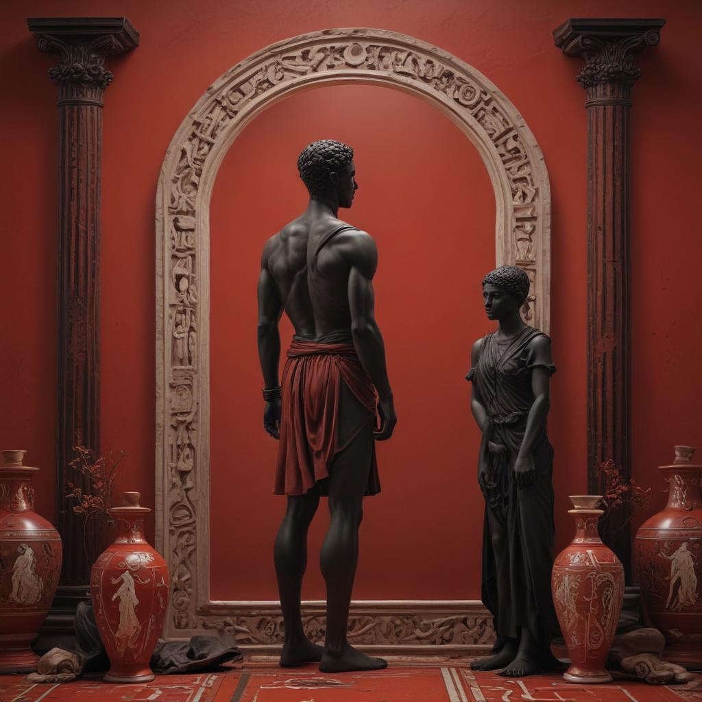 A profound moment where the lines between enemy and father blur, revealing a shared humanity. Illustrate the emotional complexity of the scene, emphasizing the transformative power of empathy and understanding amidst the backdrop of war and conflict."in the style of classical Greek pottery art, with intricate black figures on a red background, depicting mythological scenes with a focus on gods and heroes, using a limited color palette of red, black, and white"This image is a breathtaking painting that captures the magical scene with vivid detail. The overall composition is spellbinding, showcasing a perfect harmony. photorealism fantasy, unreal engine 5, concept hyperrealistic, full body, detailed clothing, highly detailed, cinematic lighting, stunningly beautiful, intricate, sharp focus, f/1. 8, 85mm, (centered image composition), (professionally color graded), ((bright soft diffused light)), volumetric fog, trending on instagram, trending on tumblr, HDR 4K, 8K