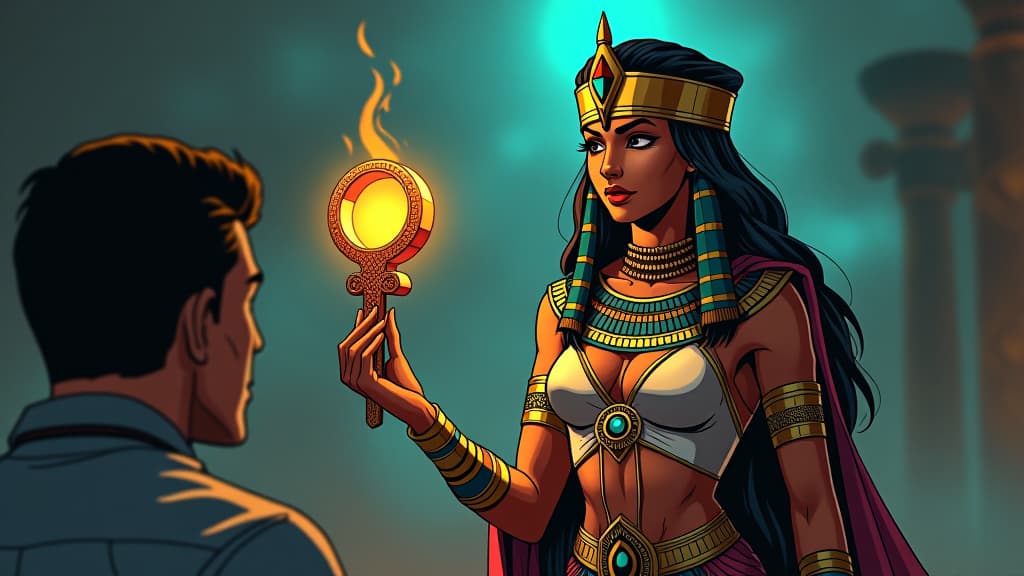  a comic book style draw of an ancient goddess offering a glowing ankh to a person, sense of audacity and reward, atmosphere of being unapologetically oneself. the style is digital art illustration / modern comic book / mysterious occult, symbolic, esoteric vibe,high detail on character design, incorporating ancient egyptian symbology and attire. hyperrealistic, full body, detailed clothing, highly detailed, cinematic lighting, stunningly beautiful, intricate, sharp focus, f/1. 8, 85mm, (centered image composition), (professionally color graded), ((bright soft diffused light)), volumetric fog, trending on instagram, trending on tumblr, HDR 4K, 8K