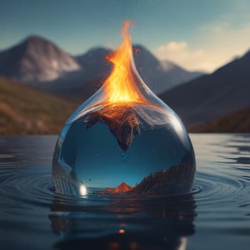 An image of a piece of earth on fire within a water droplet floating around in the air in Cinematic style with Mountains background