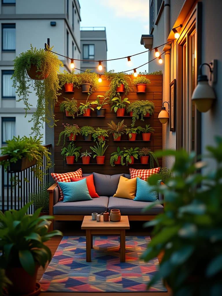  high quality portrait photo of a rental balcony transformed into an urban oasis with hanging plants, a diy vertical garden, colorful outdoor cushions, and string lights hyperrealistic, full body, detailed clothing, highly detailed, cinematic lighting, stunningly beautiful, intricate, sharp focus, f/1. 8, 85mm, (centered image composition), (professionally color graded), ((bright soft diffused light)), volumetric fog, trending on instagram, trending on tumblr, HDR 4K, 8K