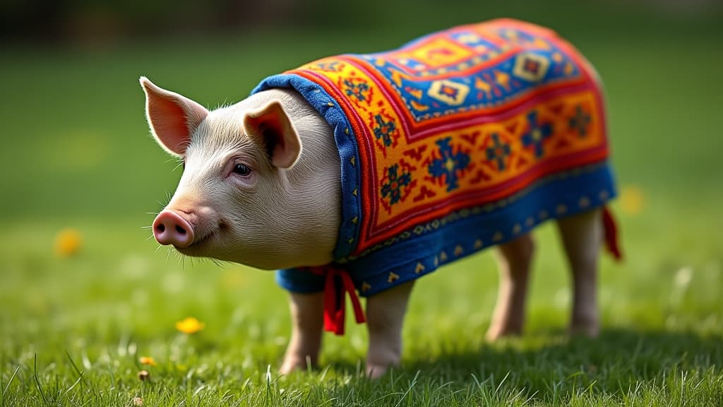  pig adorned in colorful traditional textile standing on grass in a serene outdoor setting