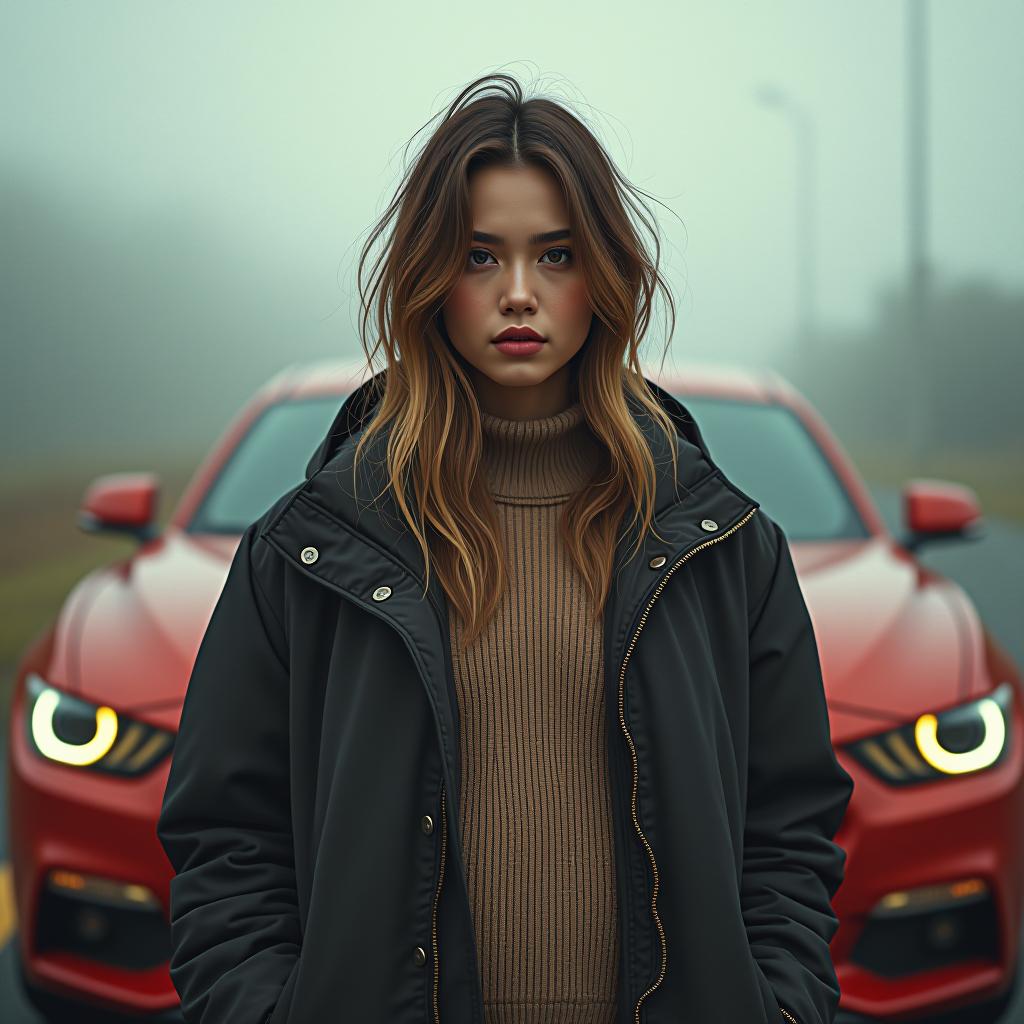  against the background of the automobile, automobile hyperrealistic, full body, detailed clothing, highly detailed, cinematic lighting, stunningly beautiful, intricate, sharp focus, f/1. 8, 85mm, (centered image composition), (professionally color graded), ((bright soft diffused light)), volumetric fog, trending on instagram, trending on tumblr, HDR 4K, 8K