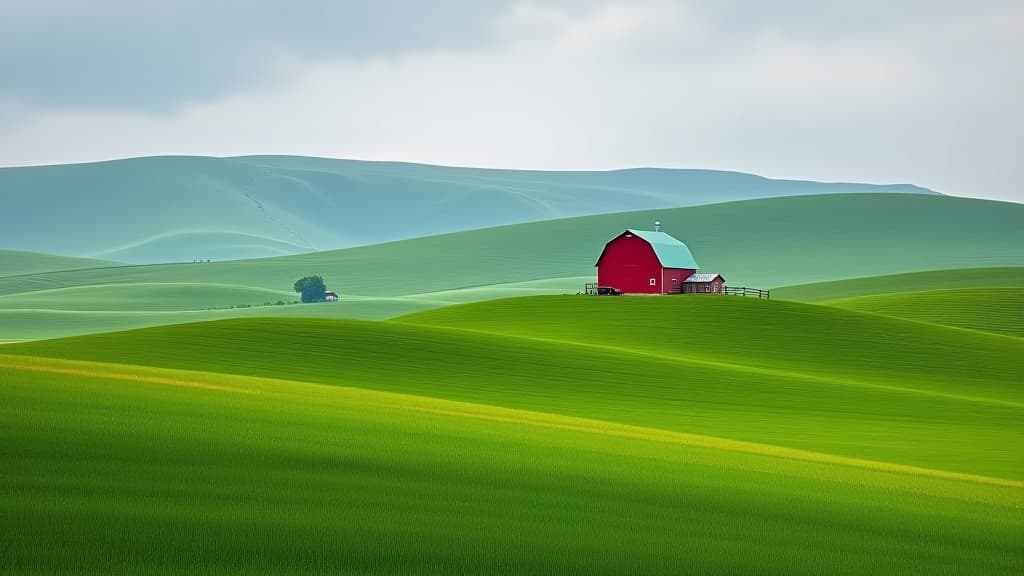  red barn on rolling green hills landscape photography