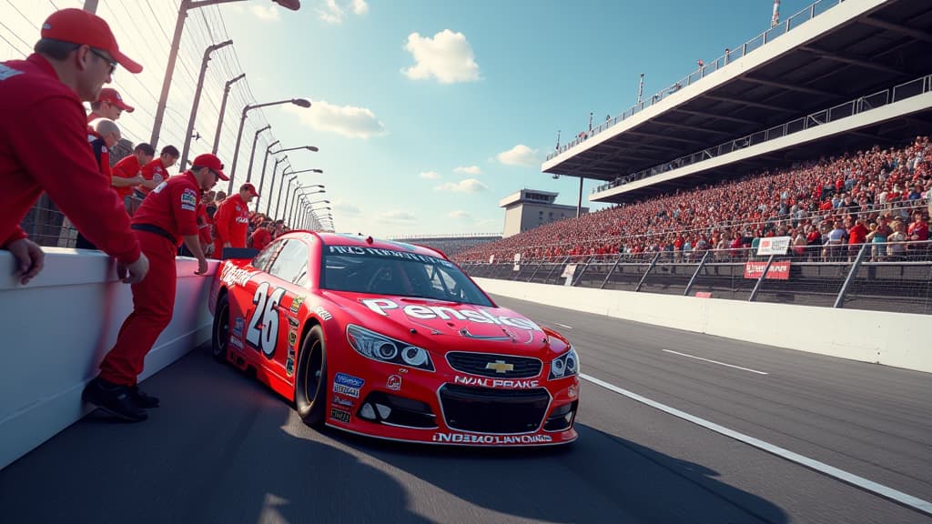  create an ultra realistic image capturing the intense racing atmosphere at nascar pocono, featuring ryan blaney in his triumphant moment. show a dynamic scene with blaney's car crossing the finish line, surrounded by cheering fans and penske team members. incorporate vibrant colors, dramatic lighting, and detailed textures to convey the adrenaline filled environment. include logos of nascar, penske, and other relevant brands to enhance authenticity. emphasize the emotional impact of victory and