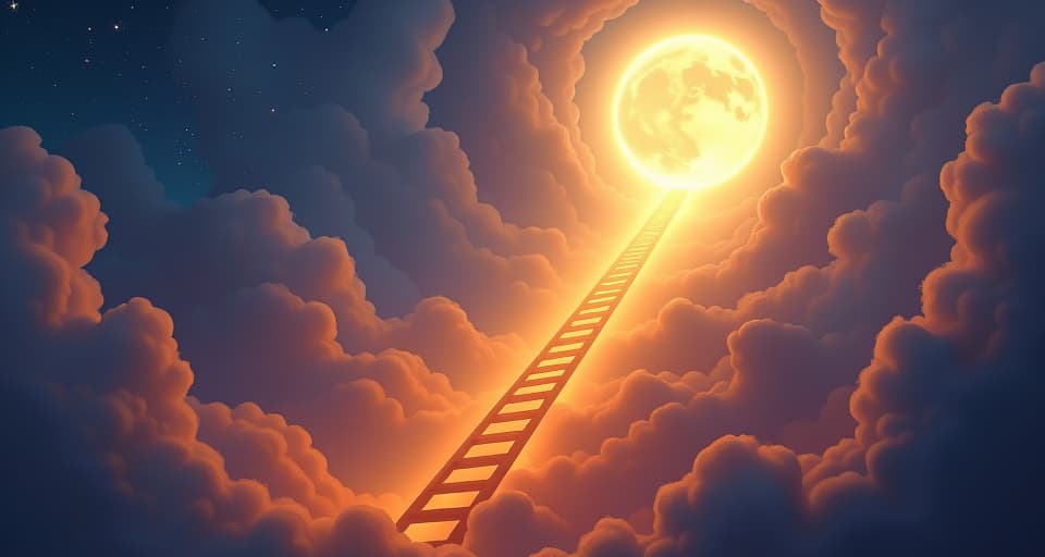  radiant ladder extending from earth to heaven, glowing with divine light, spiritual ascent. the style is digital art illustration,highly detailed, whimsical,magical, dreamlike atmosphere, realism and fantasy blend, smooth, glossy textures,luminous quality, wonder and enchantment.