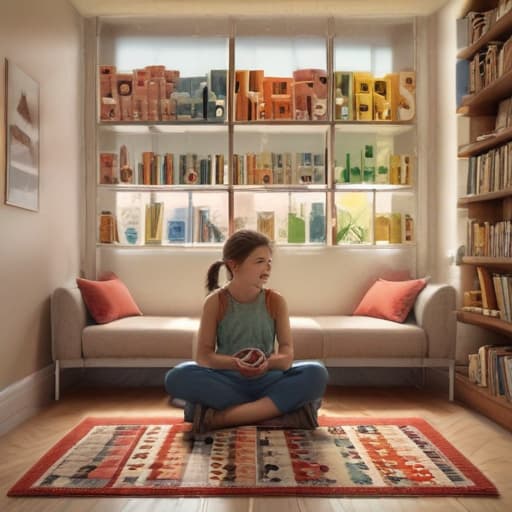 An image of a cheerful young girl named Anna and her friend, both wearing casual clothes, sitting cross-legged on a colorful carpet in a cozy, well-lit room. They are facing each other, with a collection of ten different brightly colored blocks arranged between them. Anna is pointing at the blocks, counting from one to ten, while her friend listens attentively, nodding. The background features a bookshelf filled with children's books, a large window letting in natural light, and a poster of the numbers 1 to 10 on the wall, without any text, symbolized by corresponding amounts of fruits next to each number. The creative lighting style is warm and inviting, detailed, realistic.