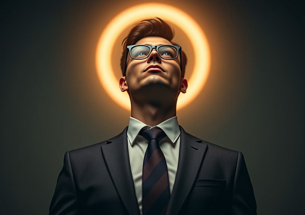  arrogant young narcissist man in a fashion suit and in glasses looking up at camera and a halo glows above his head. male narcissism concept