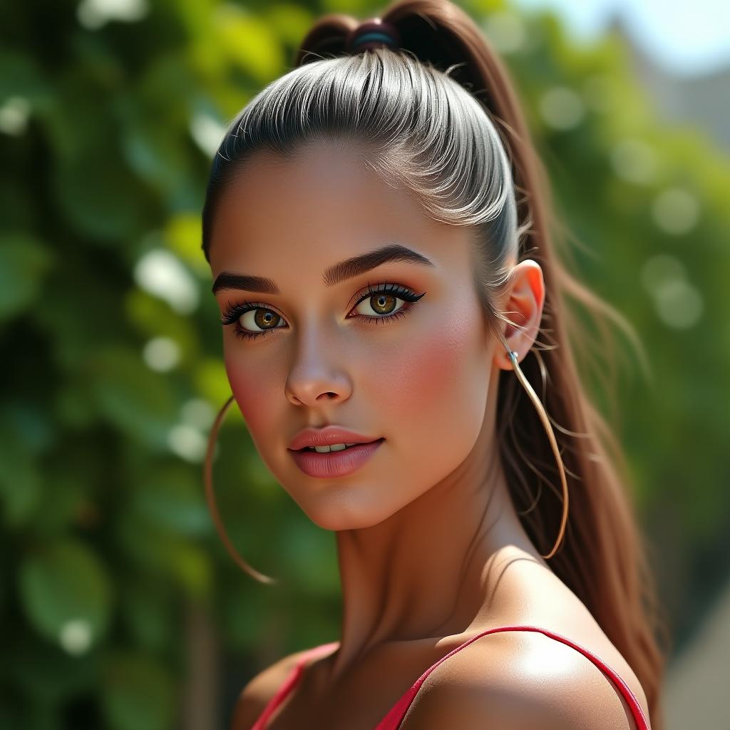  beautiful closeup of ariana grande, intricate vinery in the background, detailed face, ponytail, depth of field