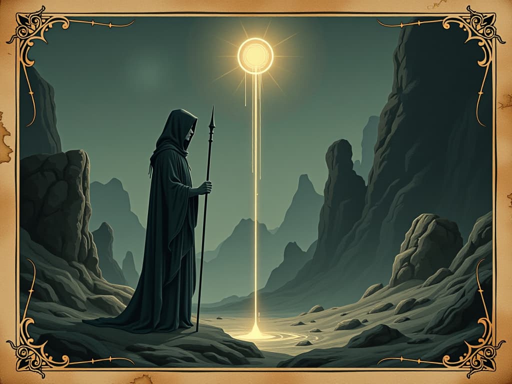  seeker and glowing rods, subtle aura of energy, dowsing rods pointing downward, rocky landscape, connection, ethereal. an illustration in the style of a worn, mystical old tarot trump card, mysterious and elements of surrealism. the colors are muted, somber and eerie, but with contrast bring out an occult and esoteric vibe.