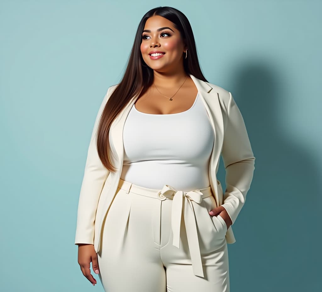  a beautiful plus size woman with fair skin and long, straight hair wears a chic white outfit, standing against a pale blue background with gentle shadows