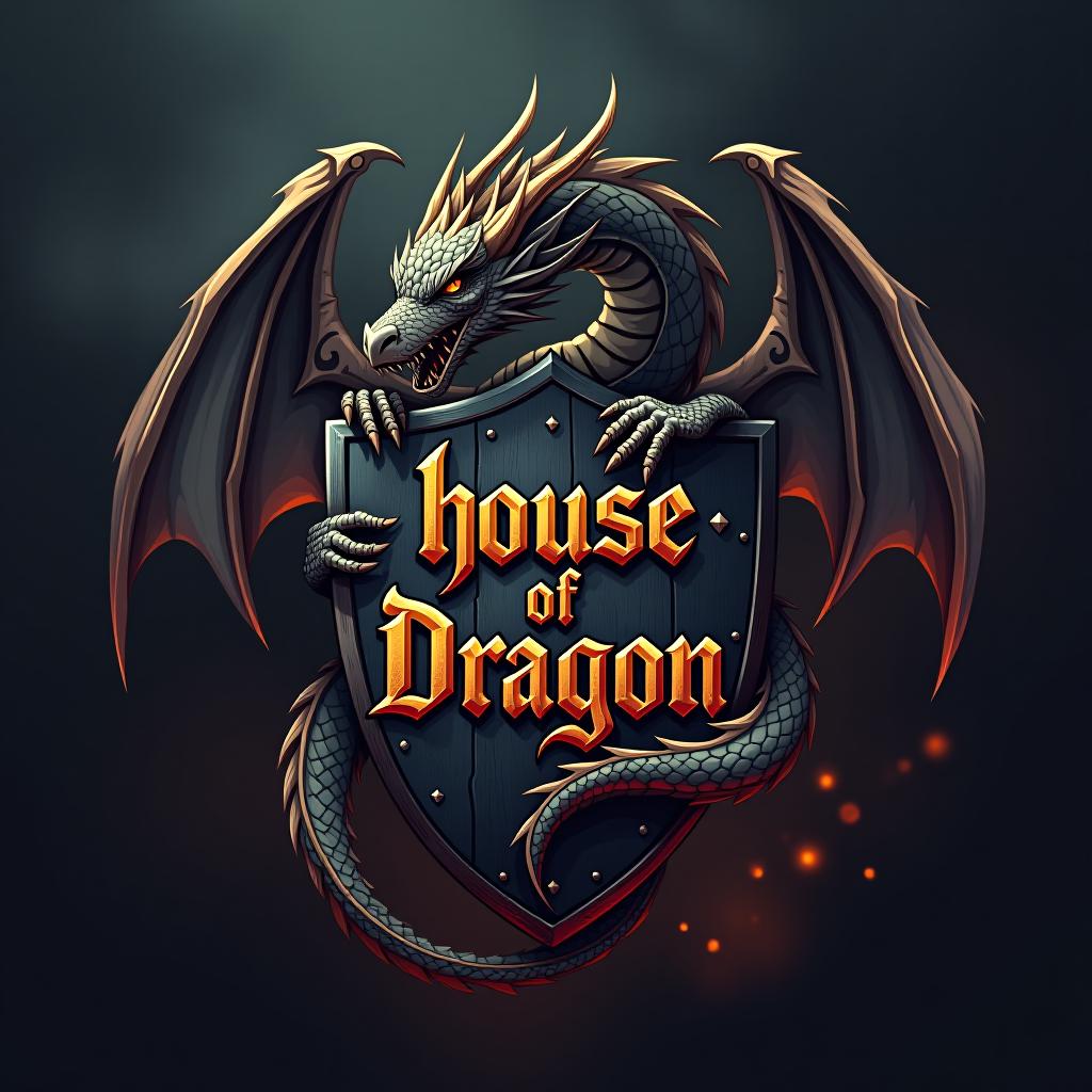  good quality, high quality, realistic anime style logo for the 'house of dragon' group, showcasing a dragon wrapped around a medieval shield. the dragon has intricate scales and wings, with a menacing expression. the shield bears the group name 'house of dragon' in an ancient script. the background is a dark, smoky atmosphere with hints of fire and embers.