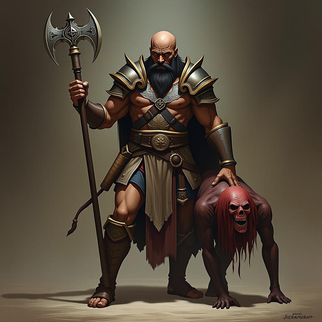  warrior holding a beheaded foe. with the words above "$kalis, vechain killer"