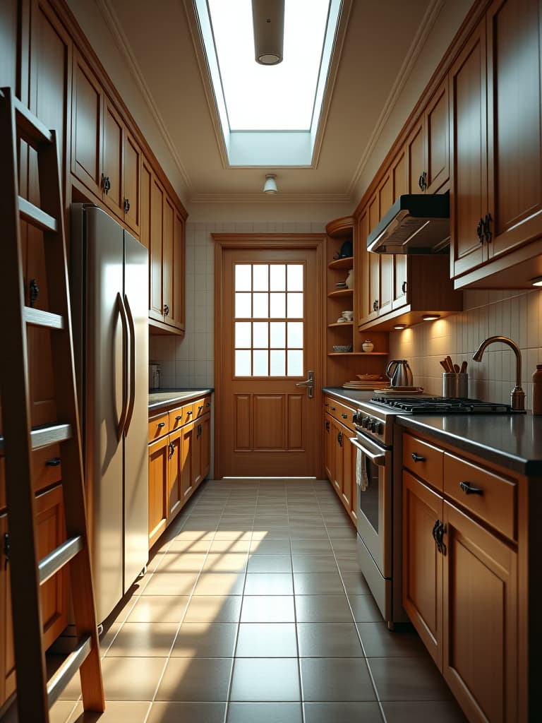  high quality portrait photo of a small galley kitchen with floor to ceiling cabinets, a rolling ladder, and a skylight, photographed from one end to showcase the length and vertical space hyperrealistic, full body, detailed clothing, highly detailed, cinematic lighting, stunningly beautiful, intricate, sharp focus, f/1. 8, 85mm, (centered image composition), (professionally color graded), ((bright soft diffused light)), volumetric fog, trending on instagram, trending on tumblr, HDR 4K, 8K