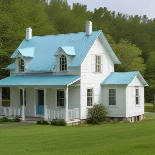 A white 2-story old farmhouse with a baby blue metal roof down in a lush green valley with trees everywhere. Shamrocks for the yard