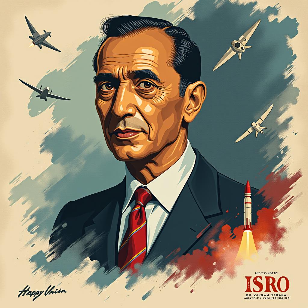  poster, remembering dr. vikram sarabhai, the visionary architect of india's space program, on his birth anniversary. his enduring legacy will continue to inspire future generations! writen "dr. vikram sarabhai" and "isro"