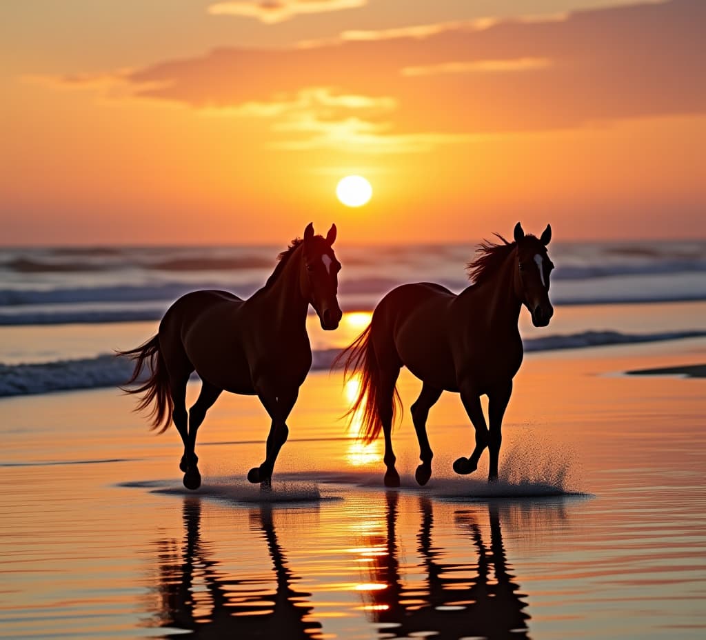  horse couple running on the beach at sunset