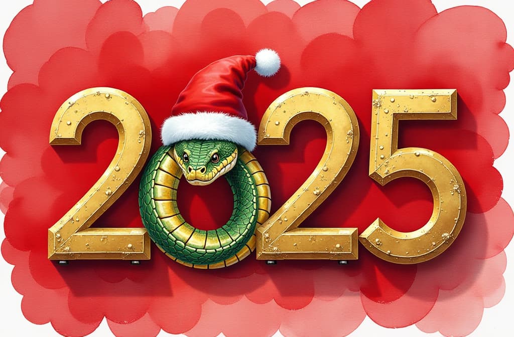  artwork top view, golden letters “2025”, instead of letter “0” is snake in santa hat, red background , watercolor techniques, featuring fluid colors, subtle gradients, transparency associated with watercolor art