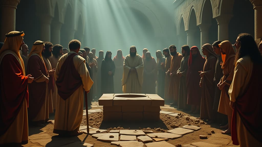  history of biblical times, the townspeople discovering the broken altar, showing shock and outrage at gideon's actions. hyperrealistic, full body, detailed clothing, highly detailed, cinematic lighting, stunningly beautiful, intricate, sharp focus, f/1. 8, 85mm, (centered image composition), (professionally color graded), ((bright soft diffused light)), volumetric fog, trending on instagram, trending on tumblr, HDR 4K, 8K