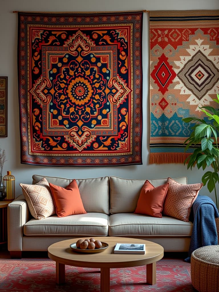  high quality portrait photo of a bohemian living room wall adorned with a collection of vibrant, patterned tapestries and colorful woven wall hangings in various sizes hyperrealistic, full body, detailed clothing, highly detailed, cinematic lighting, stunningly beautiful, intricate, sharp focus, f/1. 8, 85mm, (centered image composition), (professionally color graded), ((bright soft diffused light)), volumetric fog, trending on instagram, trending on tumblr, HDR 4K, 8K