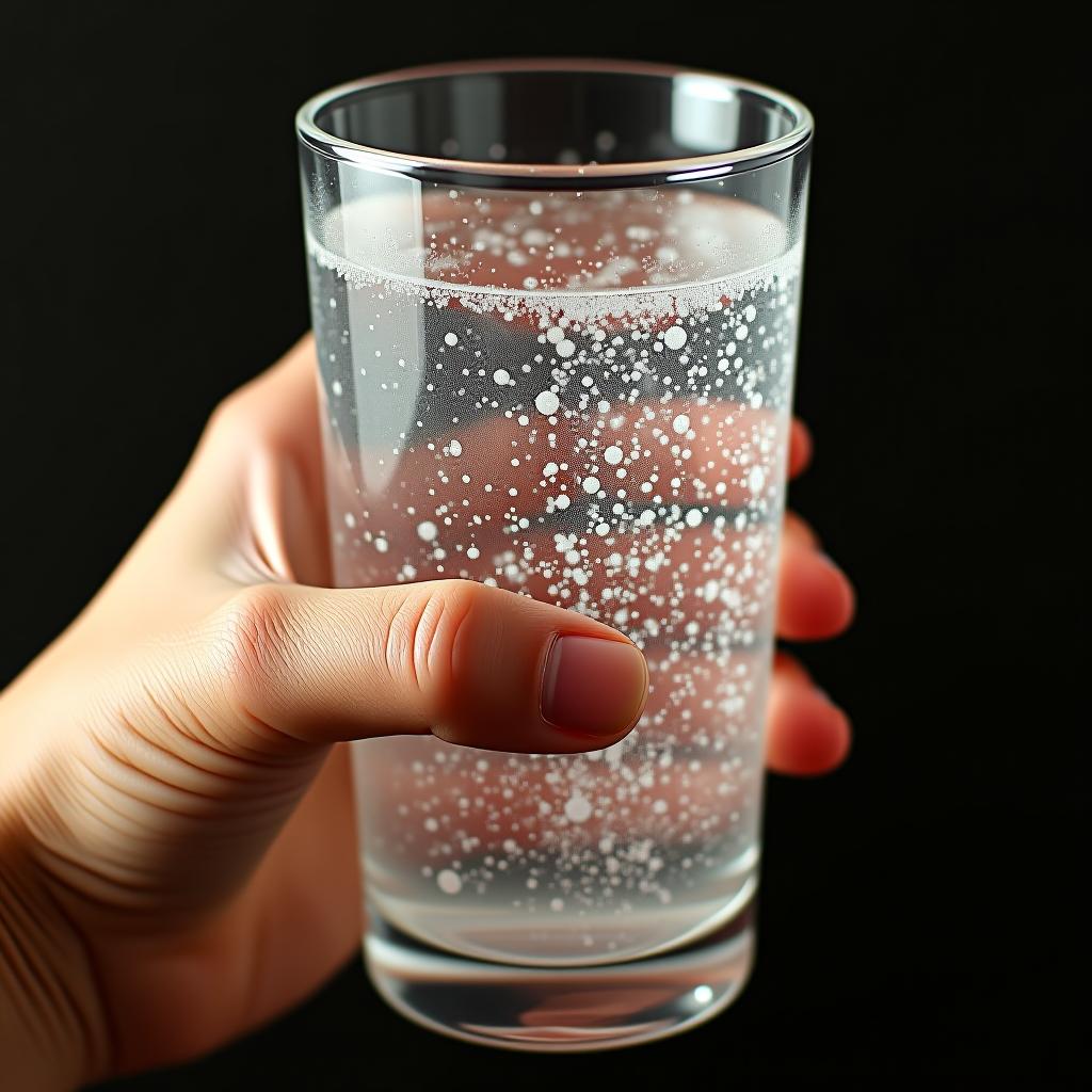  a close up of a hand holding a glass filled with sparkling water, capturing the refreshing sensation and bubbly texture.