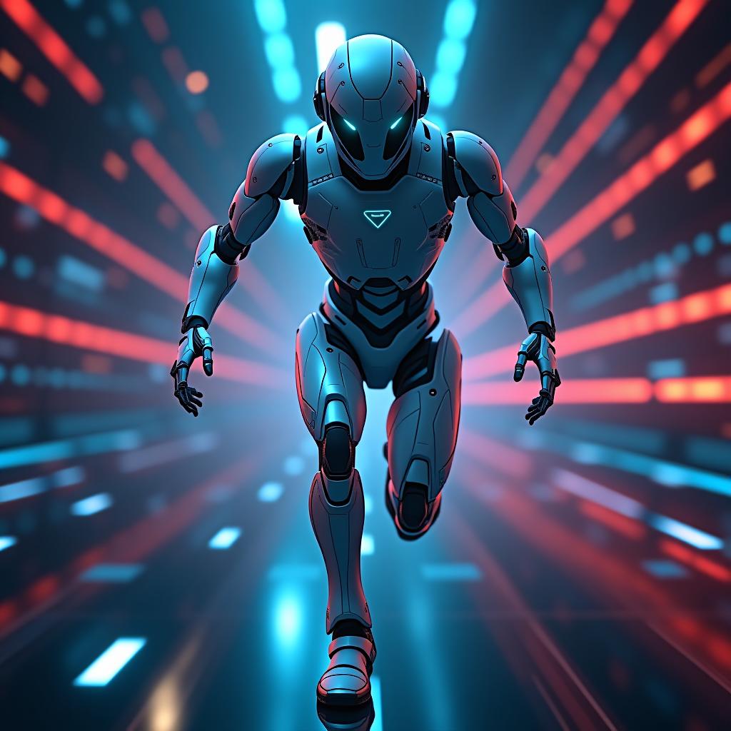  futuristic robot running in cyberspace