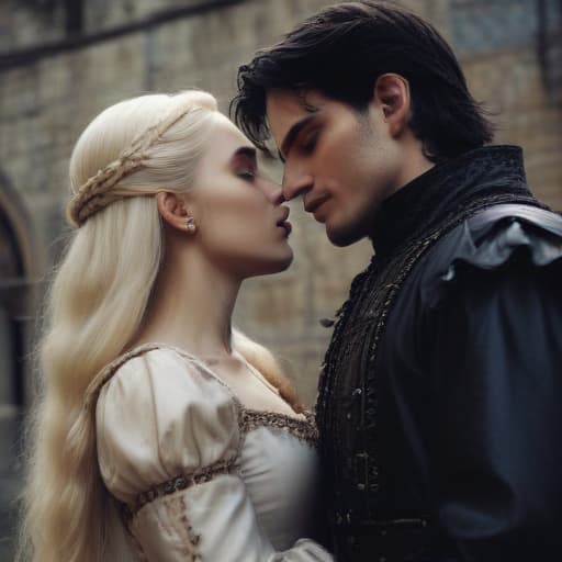 Man, woman, black hair, white skin, blonde woman, medieval dress, castle, gothic, hand on girls face, dark, sad emotions