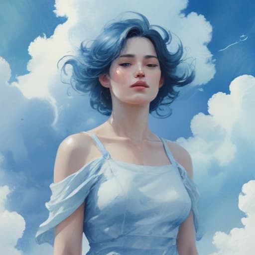 A cloud covered woman, surrounded in blue, watercolor, 2d, digital art, artstation, classic art, dynamic, high quality