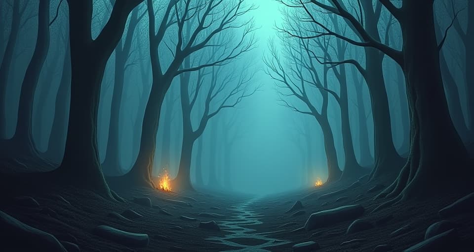  a scene depicting a once thriving magical forest now barren and desolate. ghostly remnants of severed bonds float in the air, the echoes of powerful magic lingering. the atmosphere is heavy with loss and the remnants of extinguished fire.. the style is digital art illustration,highly detailed, whimsical,magical, dreamlike atmosphere, realism and fantasy blend, smooth, glossy textures,luminous quality, wonder and enchantment.