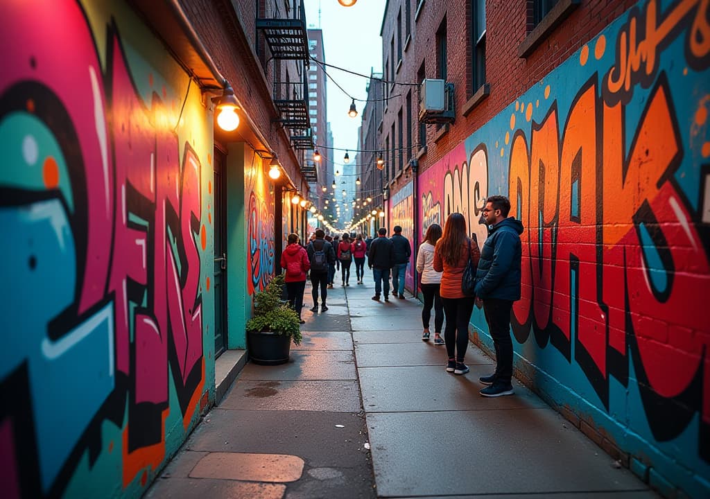  a colorful and dynamic view of graffiti alley in toronto, showcasing vibrant street art murals created by local artists, with visitors admiring the artwork, artists at work, and the lively atmosphere filled with creativity and urban expression. hyperrealistic, full body, detailed clothing, highly detailed, cinematic lighting, stunningly beautiful, intricate, sharp focus, f/1. 8, 85mm, (centered image composition), (professionally color graded), ((bright soft diffused light)), volumetric fog, trending on instagram, trending on tumblr, HDR 4K, 8K