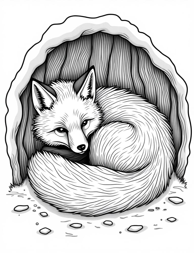  this is for an adult coloring page. a detailed black and white line art of a snowy fox curled up in a snowy den on a solid white background.