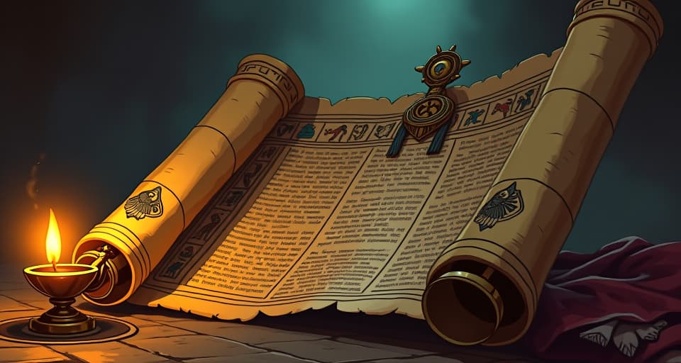  sacred scroll, adorned with ancient hieroglyphs, illuminated by the golden glow of an oil lamp, symbols of virtues, rich historical ambiance. the style is digital art illustration / modern comic book / mysterious occult, symbolic, esoteric vibe,high detail on character design, incorporating ancient egyptian symbology and attire.