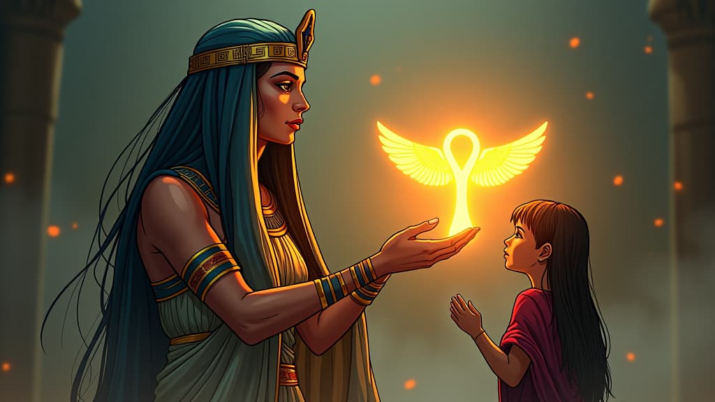  a comic book style draw of an ancient goddess offering a glowing ankh to a person, sense of audacity and reward, atmosphere of being unapologetically oneself. the style is digital art illustration / modern comic book / mysterious occult, symbolic, esoteric vibe,high detail on character design, incorporating ancient egyptian symbology and attire. hyperrealistic, full body, detailed clothing, highly detailed, cinematic lighting, stunningly beautiful, intricate, sharp focus, f/1. 8, 85mm, (centered image composition), (professionally color graded), ((bright soft diffused light)), volumetric fog, trending on instagram, trending on tumblr, HDR 4K, 8K