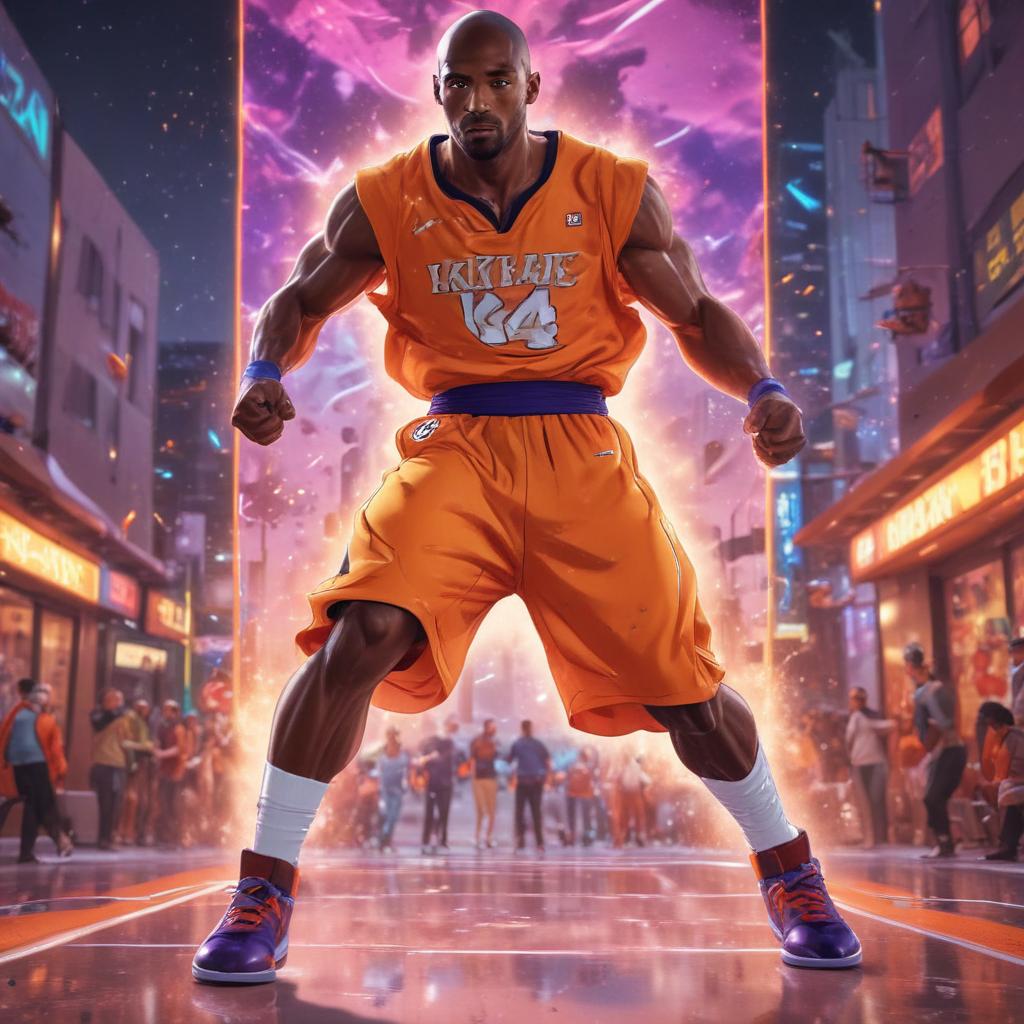 distance-shot, flashy, full-body, dynamic, holographic, animated cartoon poster of kobe scene in the style of dragon ball super