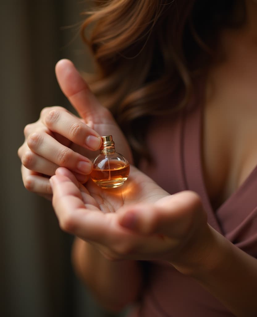  hdr photo of a woman applies a small amount of perfume to her wrist, hands, small pencil, application, close up . high dynamic range, vivid, rich details, clear shadows and highlights, realistic, intense, enhanced contrast, highly detailed