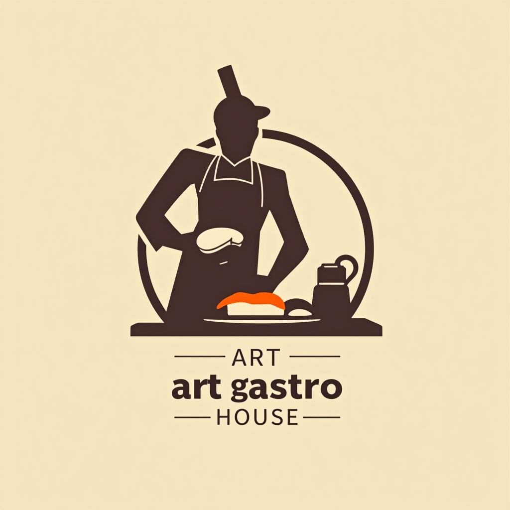  design a logo, in a minimalism style. fundo branco silhueta de cozinheiro montando prato de sushi, entregas de comida , with the text 'art gastro house'.